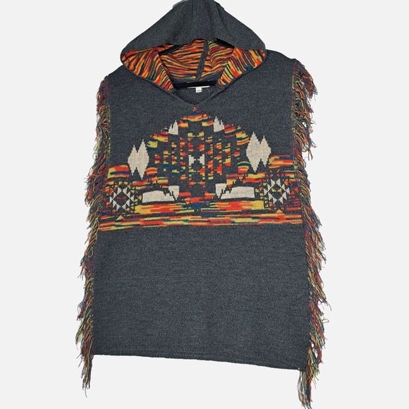 Indigo Thread Co Poncho Sweater Women XS Hooded Knit Fringe Boho Western Layer - Picture 2 of 7